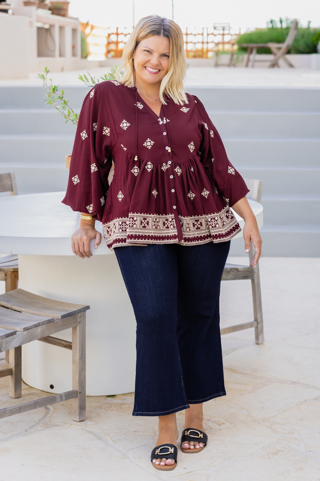 Vivienne Embroidered Smock Top Burgundy