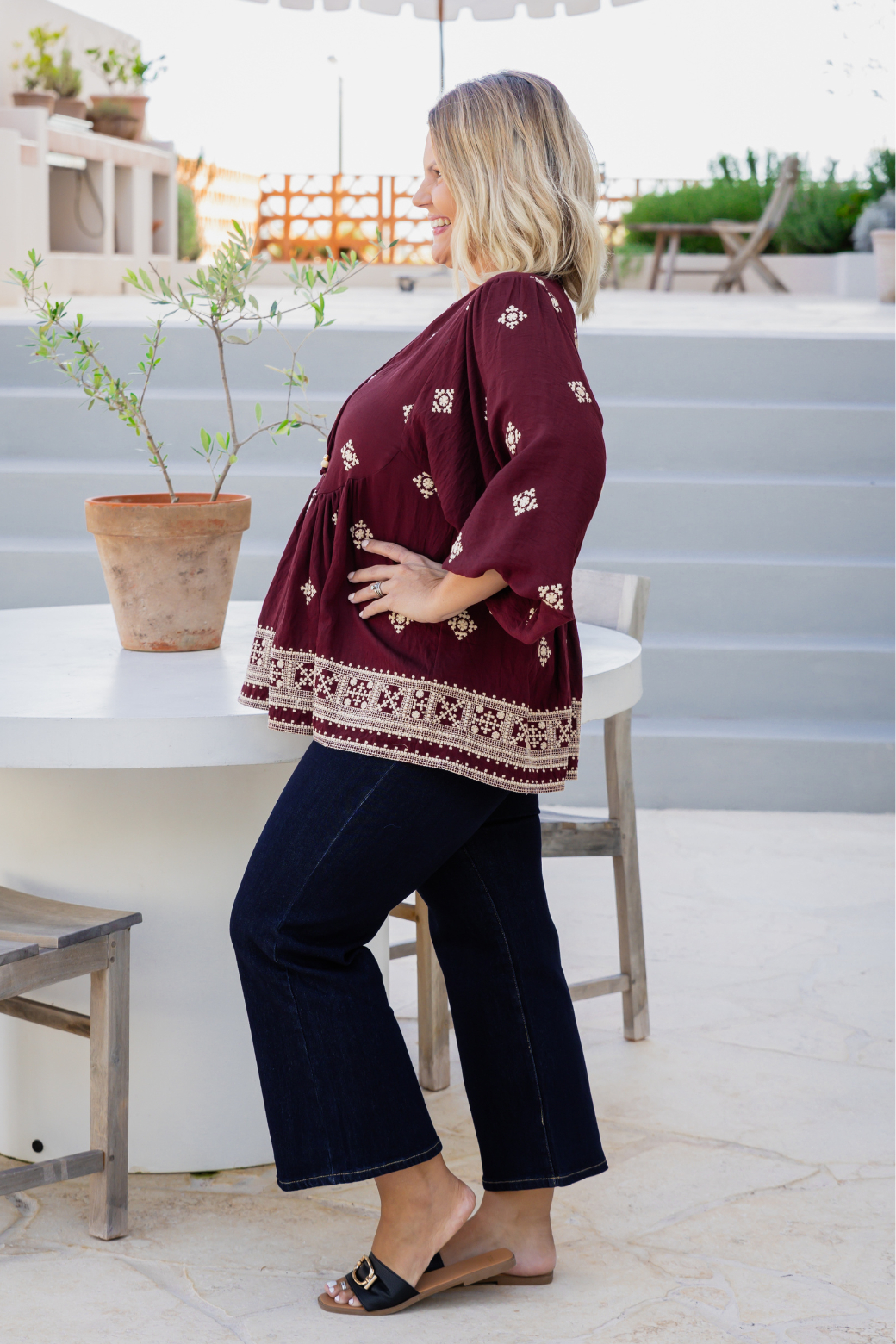 Vivienne Embroidered Smock Top Burgundy