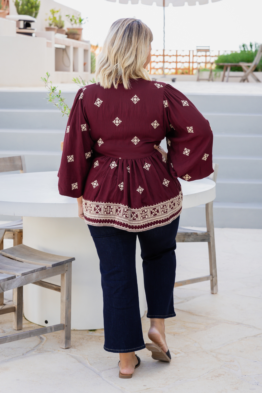 Vivienne Embroidered Smock Top Burgundy