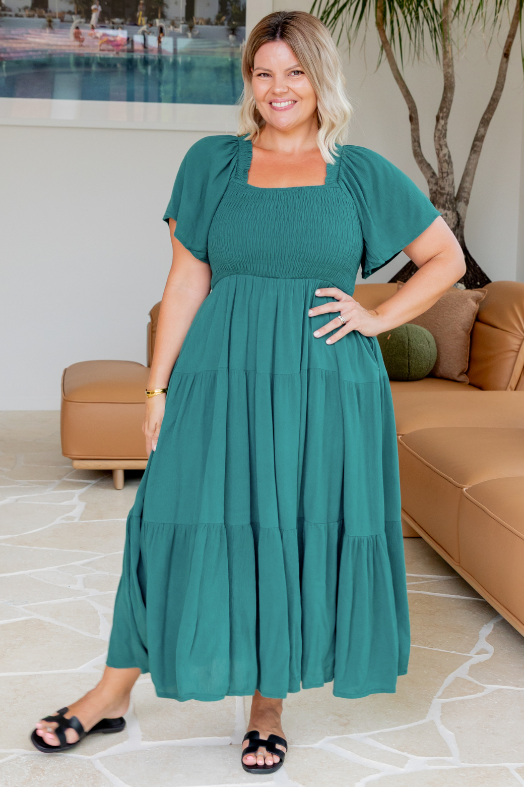 Willow Shirred Midi Dress Spruced Up Green