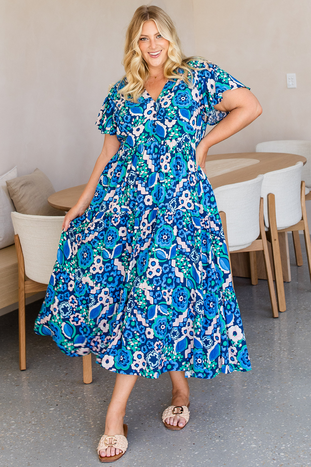 Zoe Tiered Dress Discovery Print Blue Multi