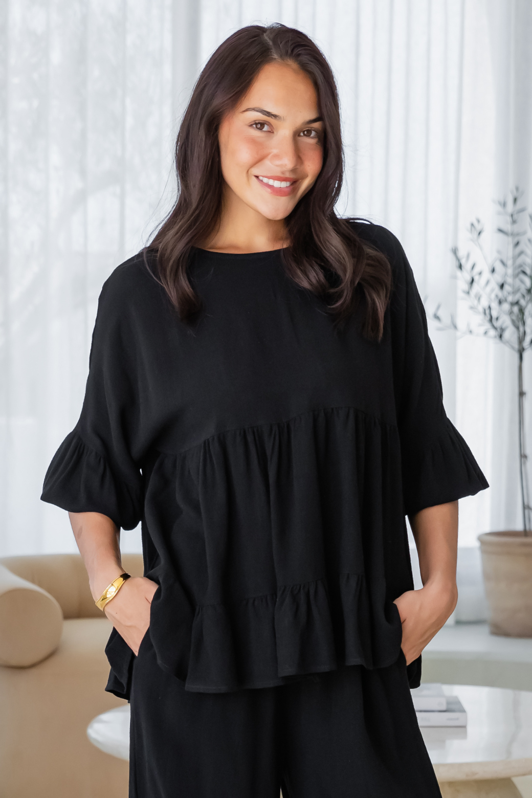 Daisy Babydoll Linen Top Jet Black
