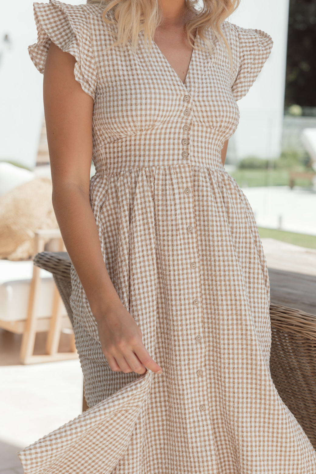 Final Sale | Melanie Midi Dress Gingham Print Nude