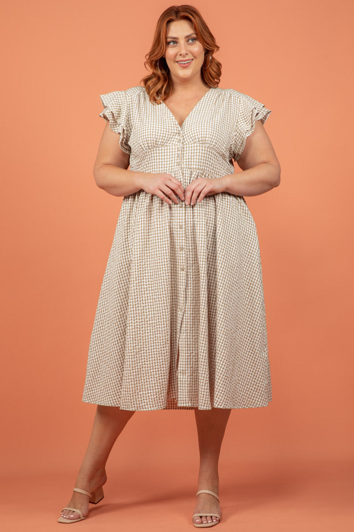 Final Sale | Melanie Midi Dress Gingham Print Nude