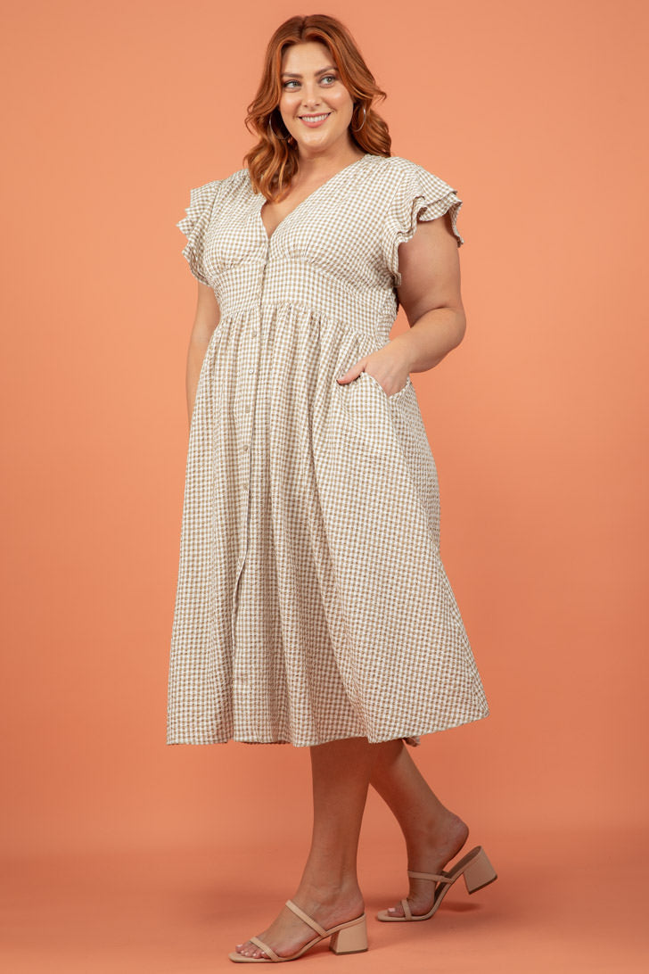 Final Sale | Melanie Midi Dress Gingham Print Nude