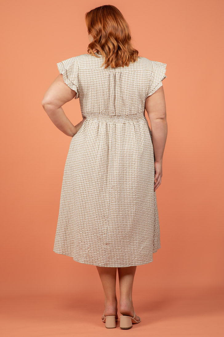 Final Sale | Melanie Midi Dress Gingham Print Nude