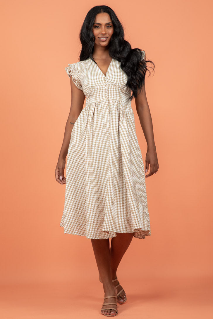 Final Sale | Melanie Midi Dress Gingham Print Nude