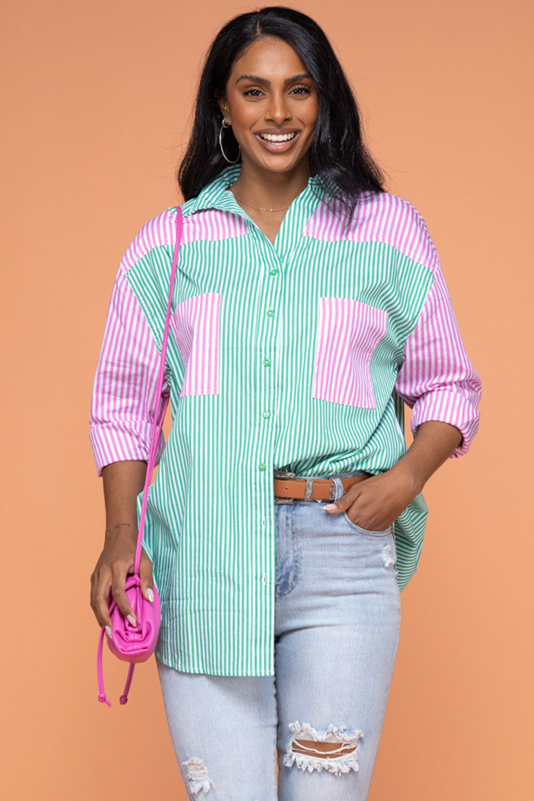 Final Sale | Perry Blouse Green/Pink Stripe