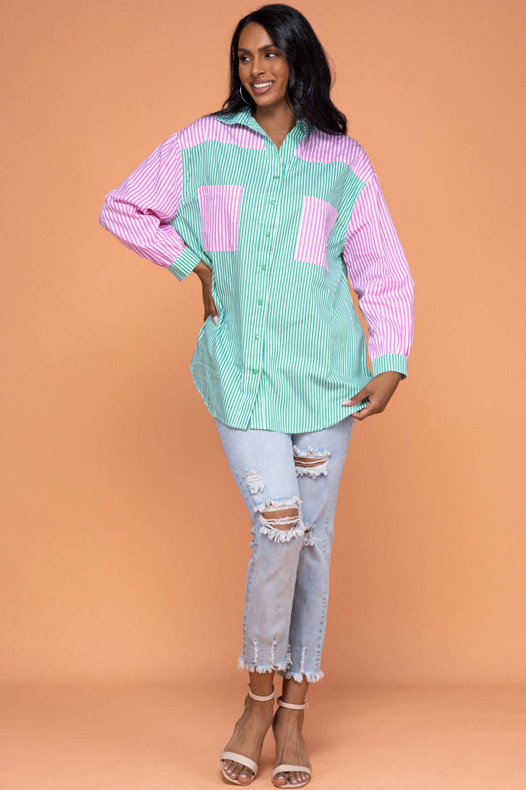 Final Sale | Perry Blouse Green/Pink Stripe