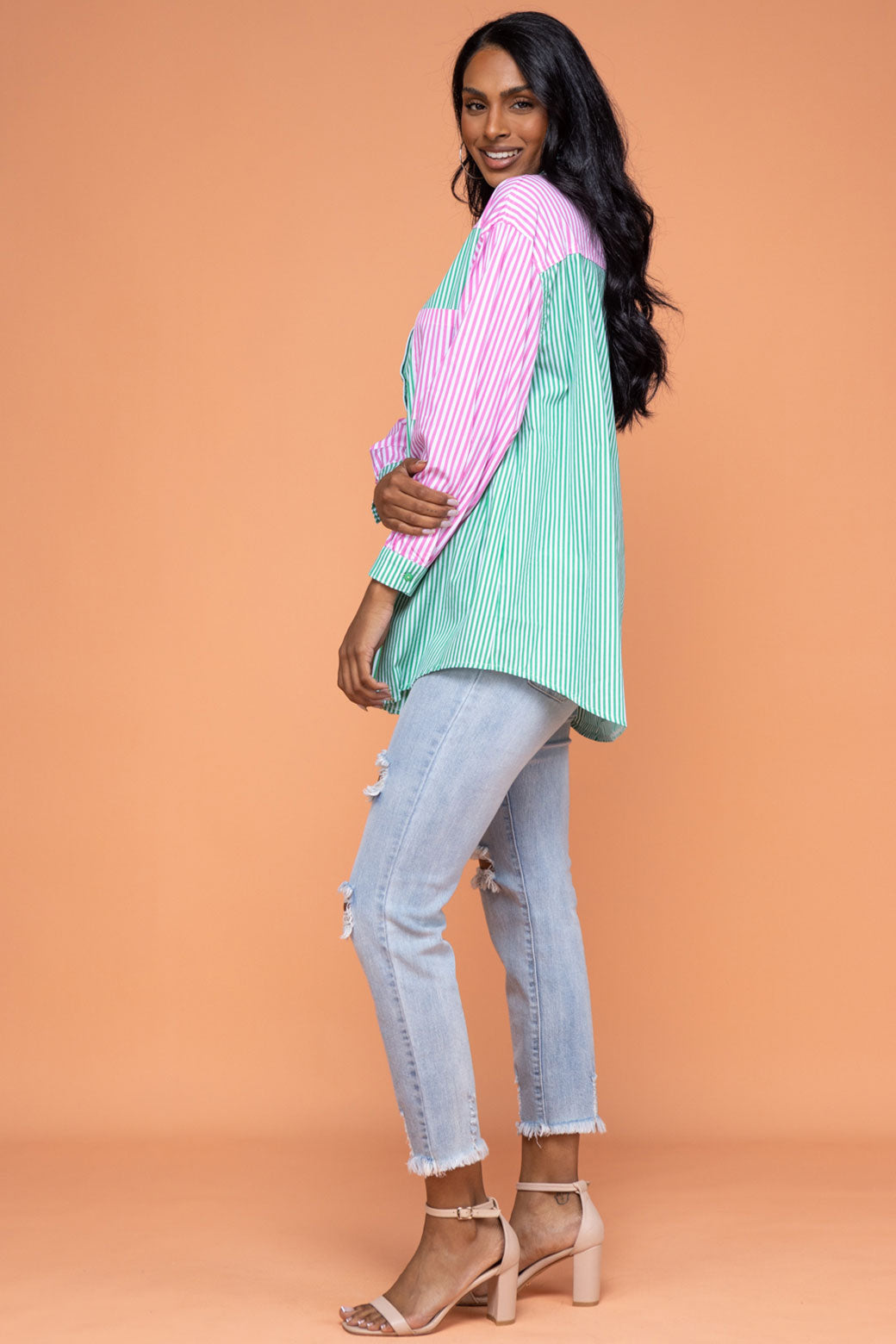 Final Sale | Perry Blouse Green/Pink Stripe